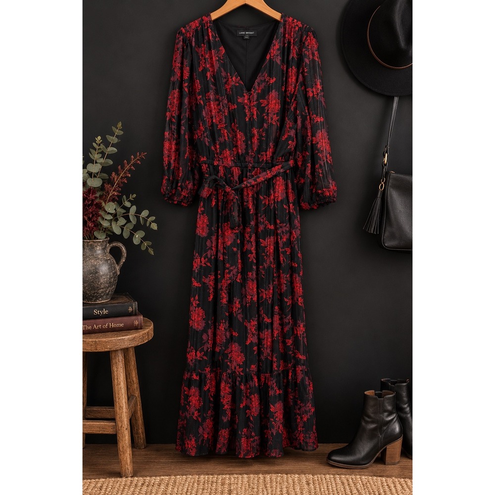 Lane Bryant Maxi Dress Floral Metallic Lurex Size 18 Black Red Whimsigoth Boho
